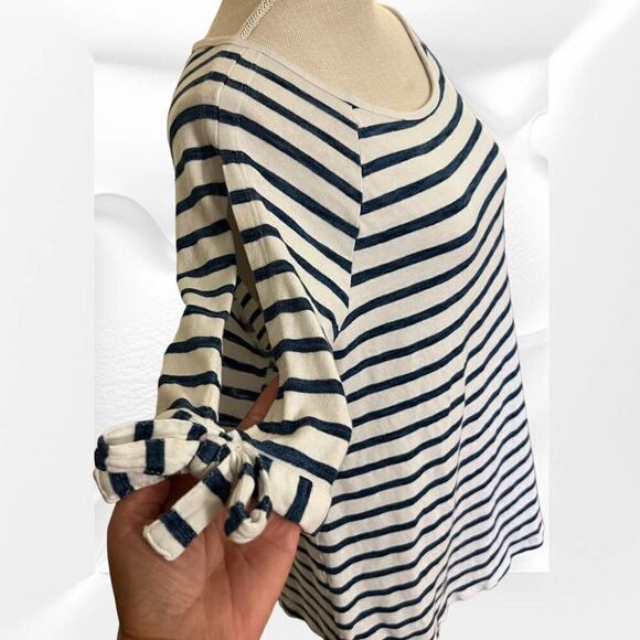 Jane & Delancey Med Elbow Sleeve Blue Stripe Top, Open Peep Shoulder w/ Bow - Picture 3 of 5